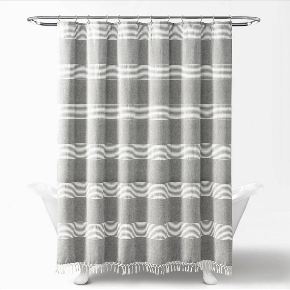 NWT Tucker Stripe Yarn Dyed Cotton Tassel Shower Curtain Gray/White - Lush Décor